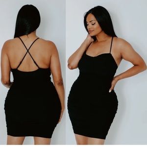 Klassy Network Black Mesh Cowl Neck Ruched Cross Back Brami Mini Dress